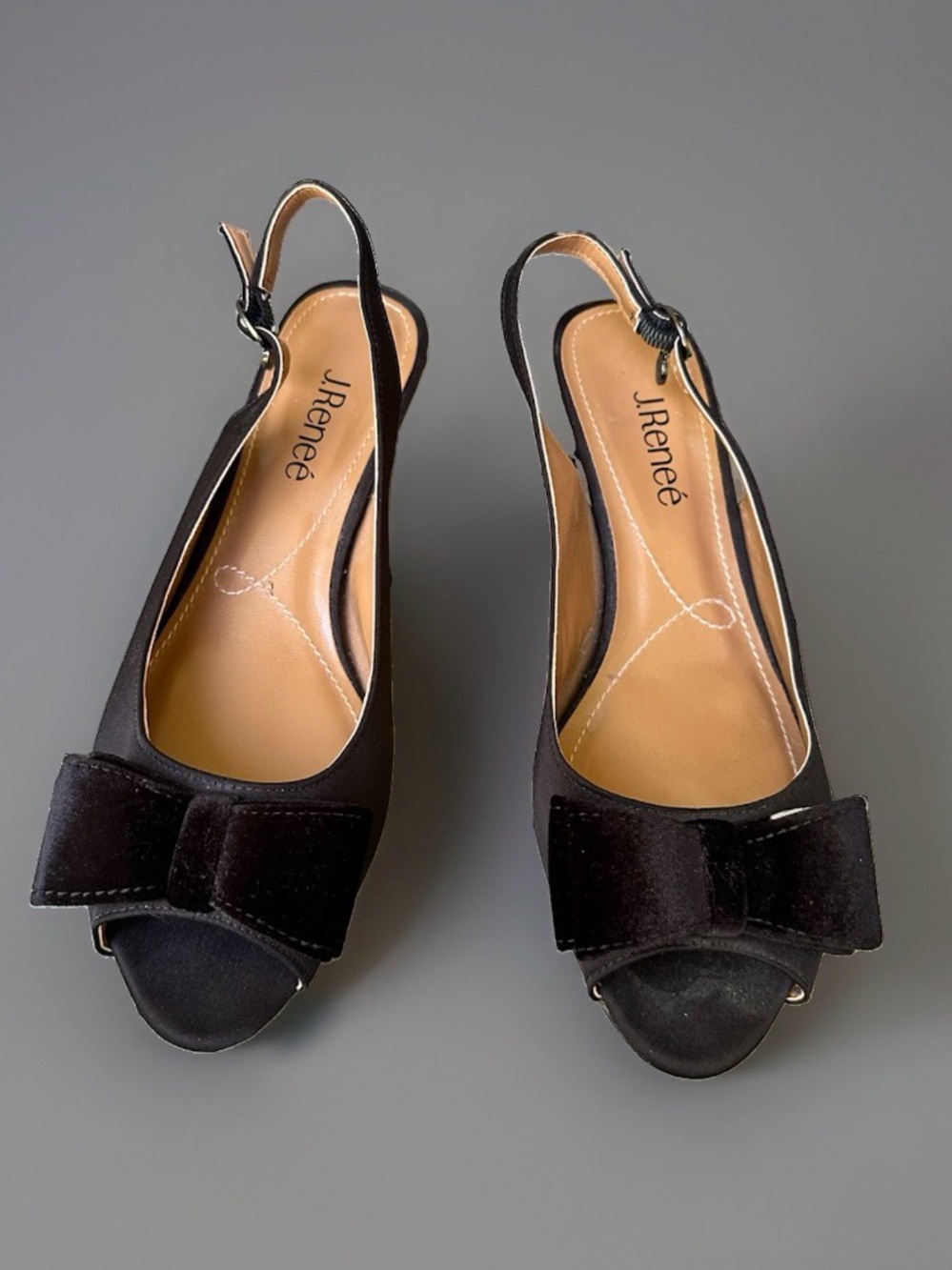J. Renee Landan Bow Peep Toe Slingback Kitten Heel Pumps Sandals Shoes Black ~9